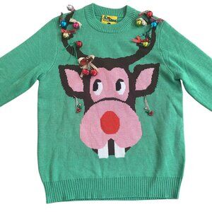 Tipsy Elves Womens Ugly Christmas Sweater Long Sleeve Green Reindeer Design Size